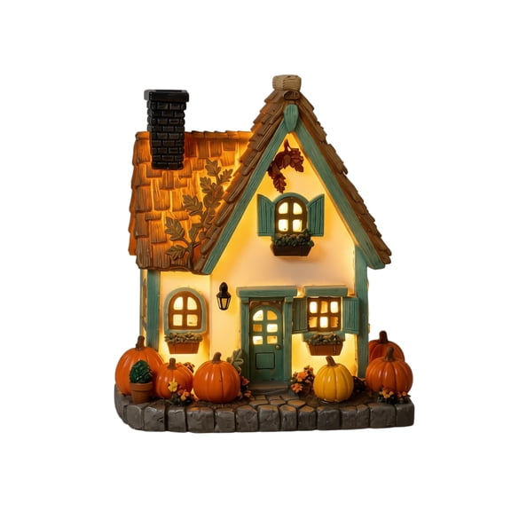 Vintage Resin Pumpkin Stone Ghost House, Light-Up Fall Harvest Cottage, Summerween Decor, Light-Up Pumpkins Cottage for Halloween Thanksgiving Fall Village Scenes Decoration B