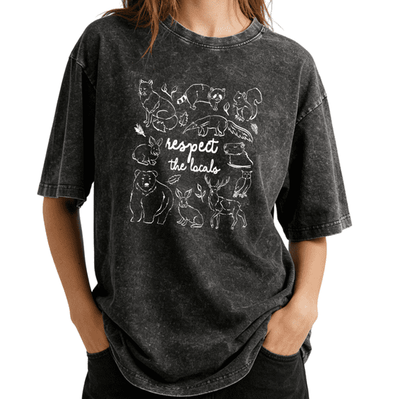 Vintage Respect The Locals Woodland Animals Sketch Wash Print Tshirt S-2XL Acid Washed Black Graphic Tees Casual Shirts for Hiker Tops