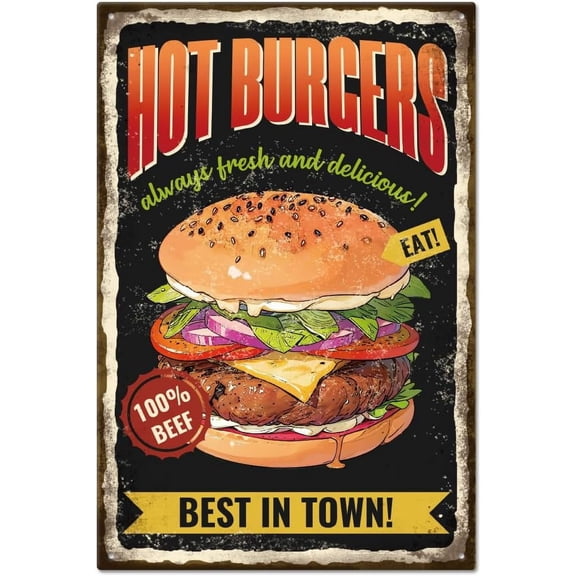 Vintage Restaurant Hamburger and Funny Word Metal Tin Sign for Garage Man Personalized Signs Garden Cave Signs Art Plaque Poster Wall Decor for Home Kitchen Bar Club 8x12inch