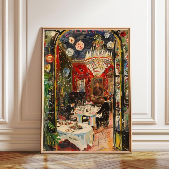 Vintage Restaurant Interior Elegant Diner Party Wall Art, Unframed Paper Poster 8x10in