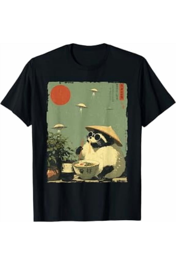 Vintage Resto Japanese Raccoon Ramen Alien Funny Racoon T-Shirt