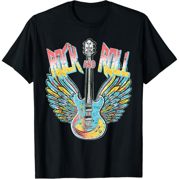 Vintage Retro 80s Rock & Roll Music Electric Guitar Wings T-Shirt