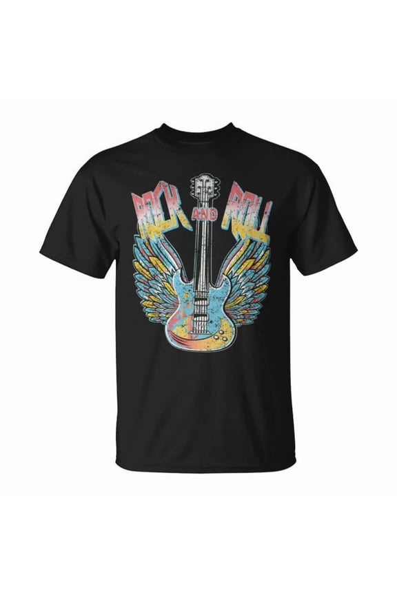 Vintage Retro 80s Rock & Roll Music Graphic Tee Unisex Adult Cotton Electric Guitar Wings Concert Fan Gift, Size S, Color Black