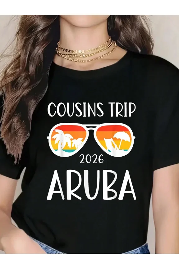 Vintage Retro Aruba Cousins Trip 2026 Matching Vacation T-Shirt Tropical Beach Sunset Sunglasses Design Family Reunion Travel Apparel Unisex Adult Top