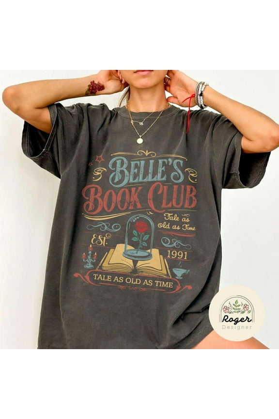 Vintage Retro Belle's Book Club T-shirt, Tale as Old as Time Beauty and the Beast, Belle Princess,Pepper color,size L