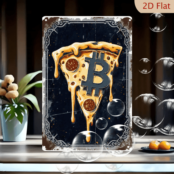 Vintage Retro Bitcoin Pizza Slice Metal Wall Art Sign, 8x12 Inch Distressed Rustic Decor with Gooey Cheese and Pepperoni on Dark Starry Background, Perfect for Kitchen, Bar, or Crypto Enthusiast Gift