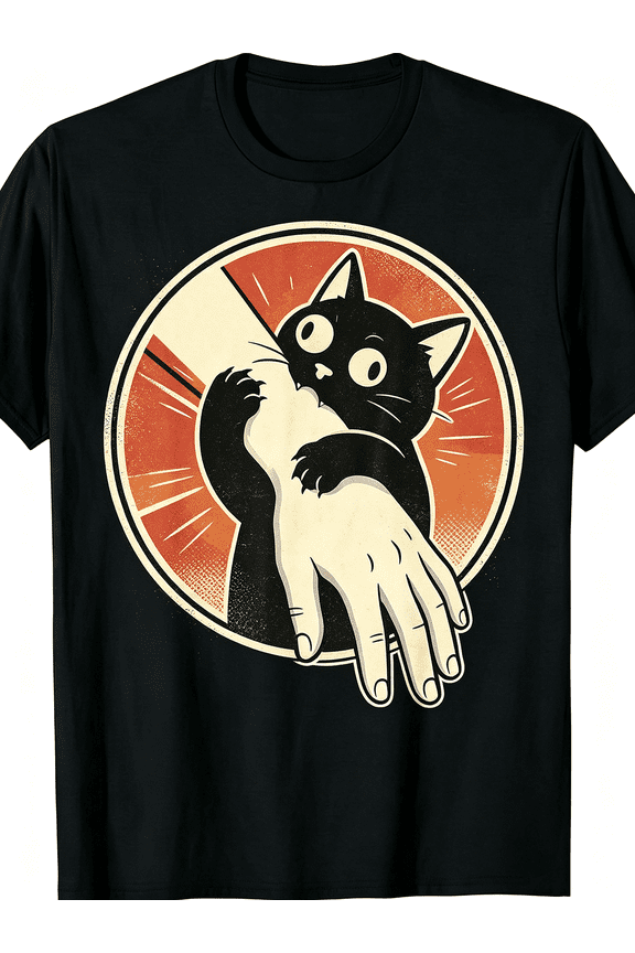 Vintage Retro Black Cat Biting Hand Funny Kitten Cartoon Graphic T-Shirt