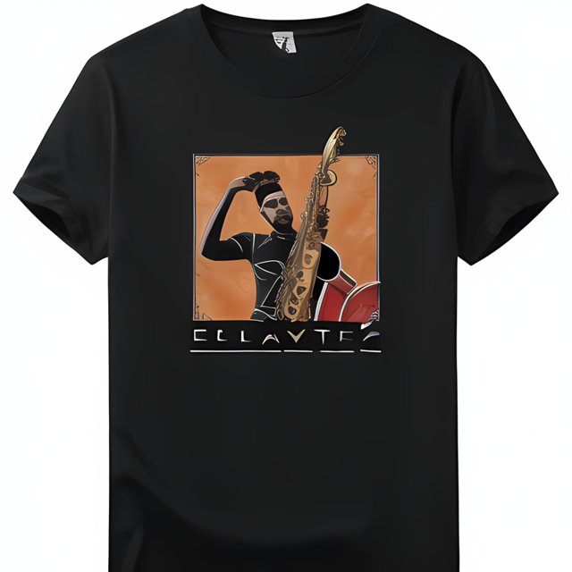 Vintage Retro Black TShirt with 'CLAYTEC' Text & Female Saxophone