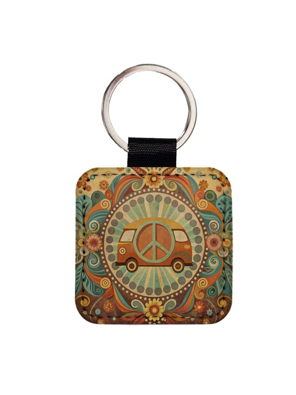 Vintage Retro Boho Hippie Van Peace Design Faux Leather Square Keychain