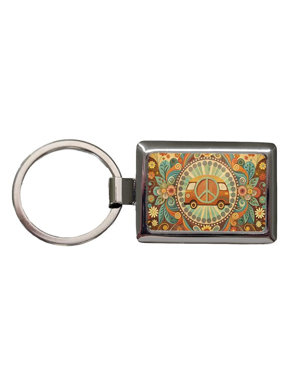 Vintage Retro Boho Hippie Van Peace Design Metal Rectangle Keychain