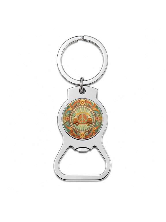 Vintage Retro Boho Hippie Van Peace Design Portable Bottle Opener Metal Keychain
