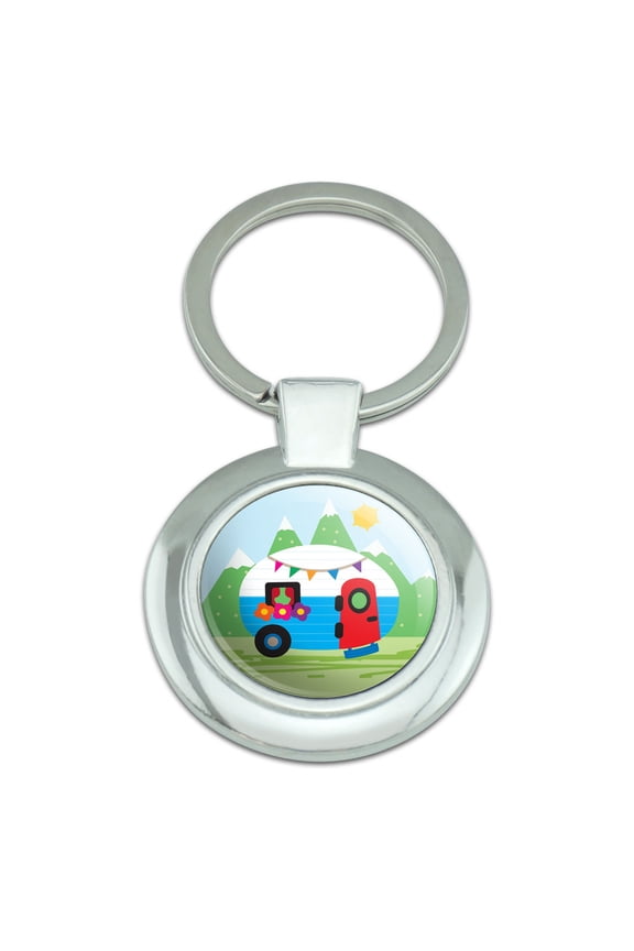 Vintage Retro Camper Trailer Classy Round Chrome Plated Metal Keychain