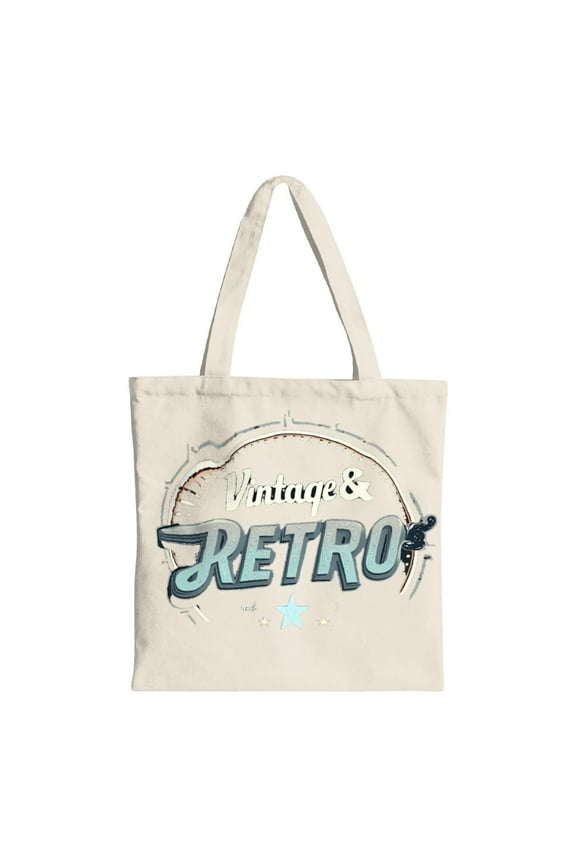 Vintage & Retro Canvas Tote Bag - Stylish 3D Lettering with Distressed Circular Pattern Perfect for Shopping Travel & Parties