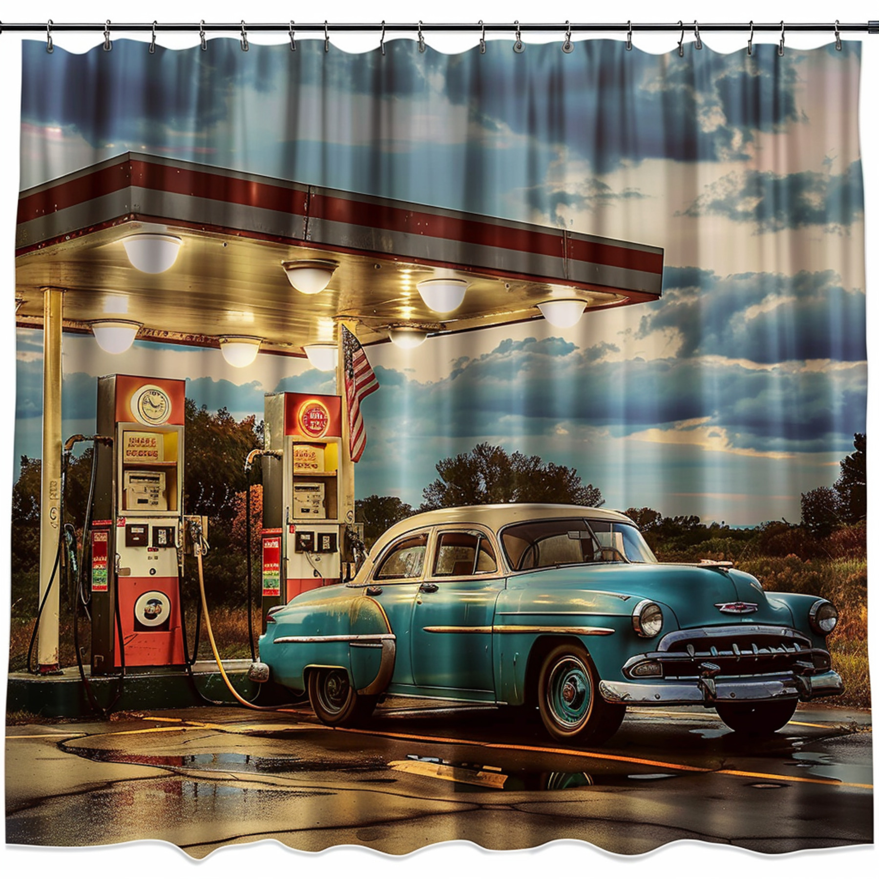 Vintage Retro Car Gas Station Shower Curtain Classic Car Bathroom Decor