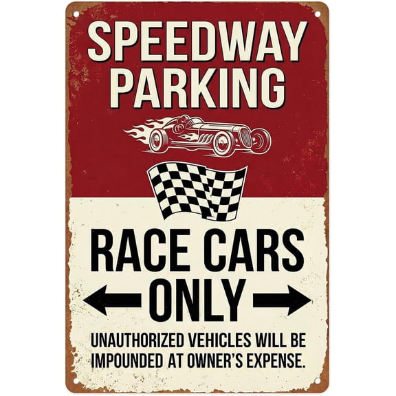 Vintage Retro Checkered Metal Tin Sign Wall Decor, Race Car 8x12 Inch Wall Art for Man Cave Basement Garage Warehouse