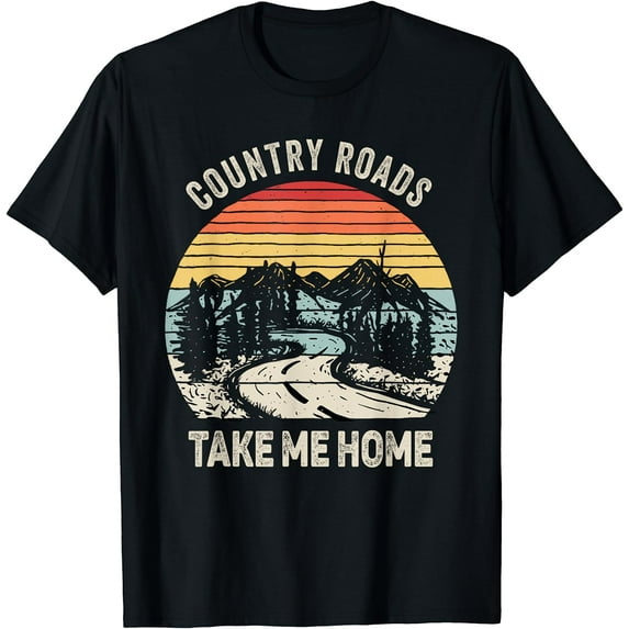 Vintage Retro Country Roads Take Me Home T-Shirt Black Medium