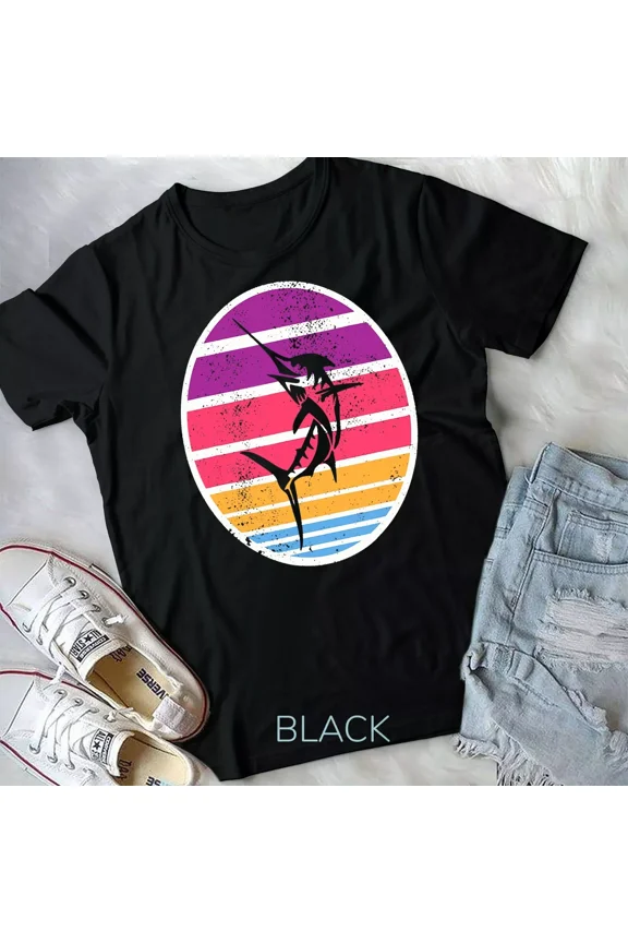 Vintage Retro Distressed Sunset Fishing Graphic with Large Swordfish New Unisex T-Shirt