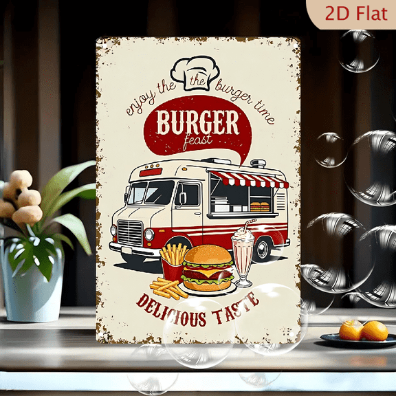 Vintage Retro Food Truck Poster Art, 8x12 Inches Metal Tin Sign, Double Cheeseburger & Fries Diner Wall Decor with "Enjoy Burger Time" Text, Distressed Nostalgic Style for Kitchen or Cafe