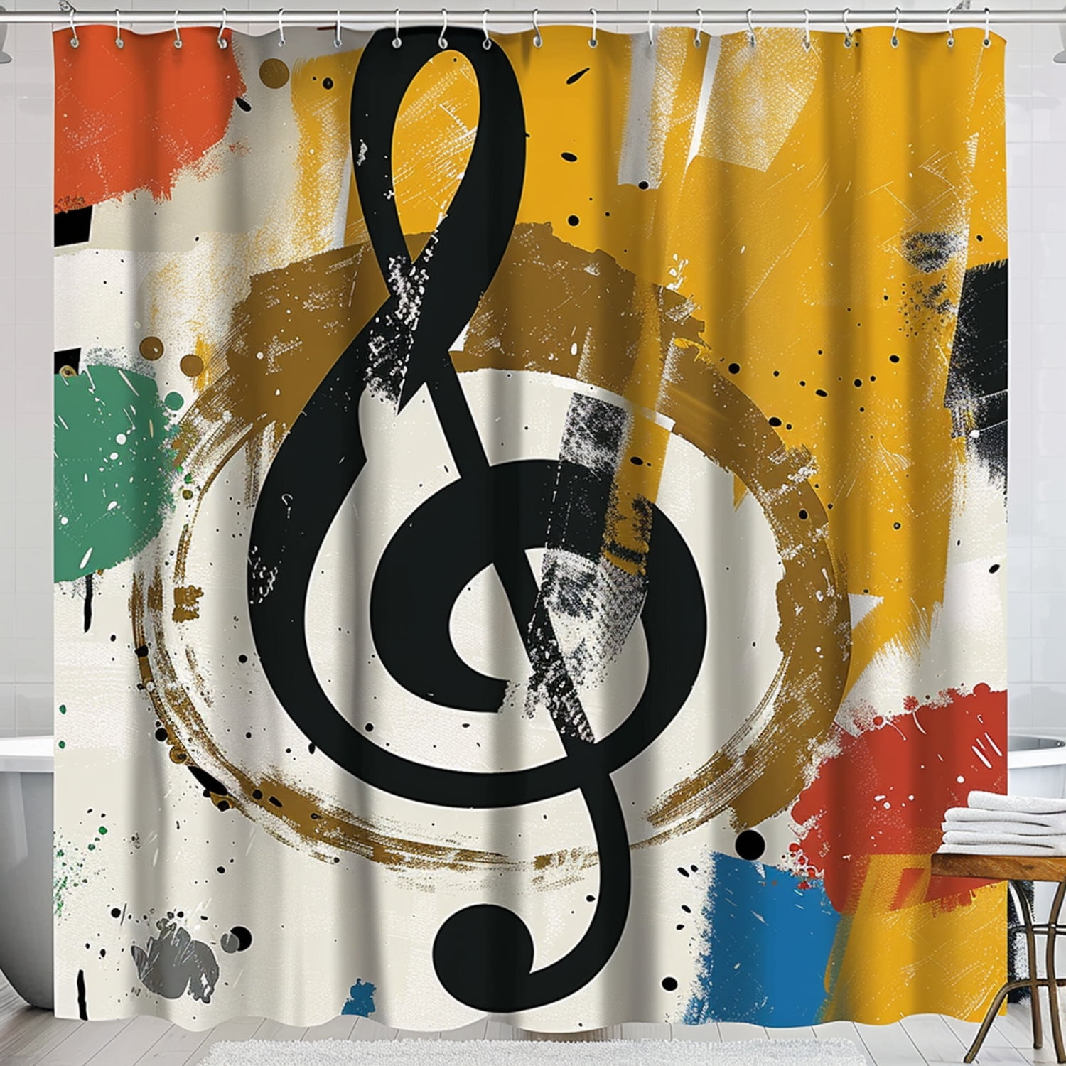 Vintage Retro Grunge Musical Note Shower Curtain Geometric Design in