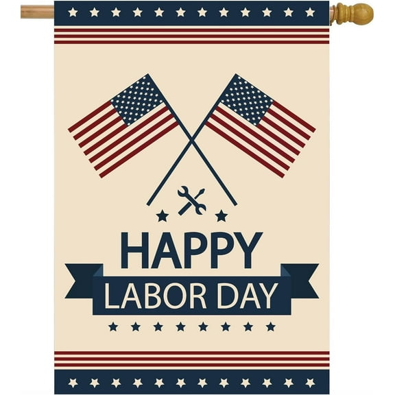 Vintage Retro Happy Labor Day Stars Patriotic USA American Flag Celebration House Flag 28" x 40" Double Sided Polyester Welcome Large Yard Garden Flag for Patio Lawn Home Outdoor Decor