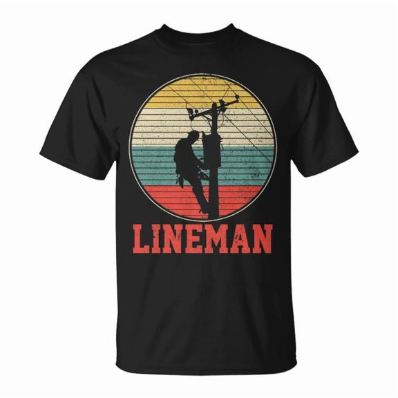 Vintage Retro Lineman Cable Man Graphic Tee Unisex Adult Cotton Utility Worker Appreciation Gift Casual Electric Crew Pride T-Shirt, Size 4XL, Color Black