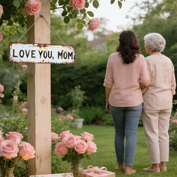 Vintage Retro Metal Door Plate with Love You Mom, Mother's Day Hanging Wall Decor for Home Hallway Cafe Bistro Farmhouse, Durable Outdoor Safe Tin Sign, Heartfelt Gift for Mom, Small Size 20*8cm
