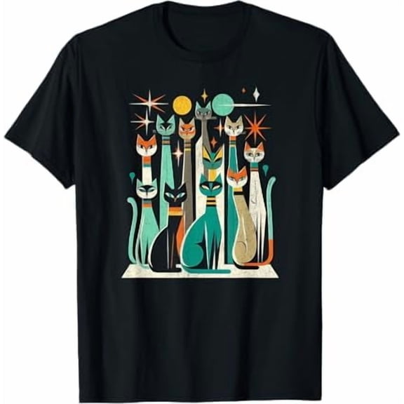 Vintage Retro Mid-Century Modern Look Cats 50s 60s Style T-Shirt Unisex Men Women Boys Girls Crew Neck Short Sleeve Tees