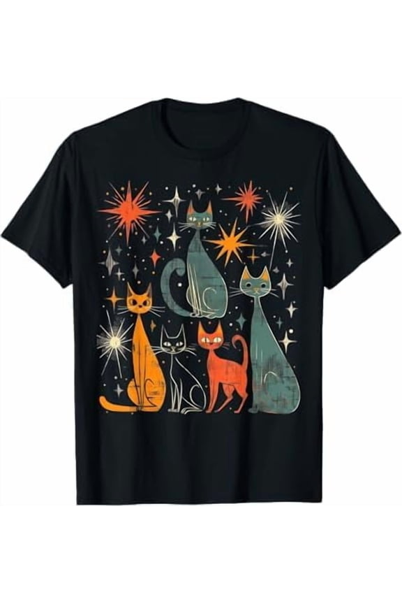 Vintage Retro Mid-Century Modern Look Cats 50s 60s Style T-Shirt Unisex Men Women Boys Girls Crew Neck Short Sleeve Tees
