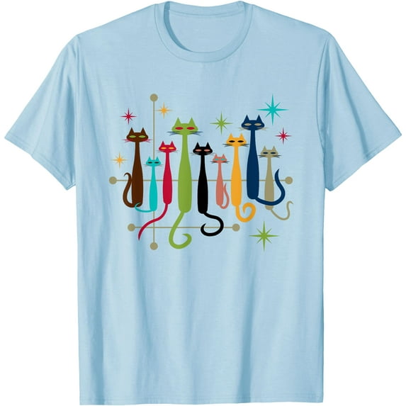 Vintage Retro Mid-Century Modern Look Cats 50s 60s Style Unisex T-Shirt for Men Women Kids Toddler,Light Blue Color,Size M