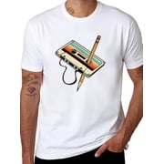 Vintage Retro Music Cassette Tape with Pencil Design T-Shirt - Soft Cotton Short Sleeve Tee with Fun 80s 90s Nostalgic Print for Men and Women, Perfect Gift for Music Lovers