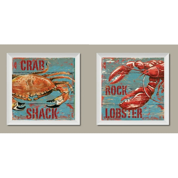 Vintage, Retro Old Fashioned Decor; Crab Shack and Rock Lobster Signs; Two 12x12in White Framed Prints; Ready to hang! Blue/Orange/Red