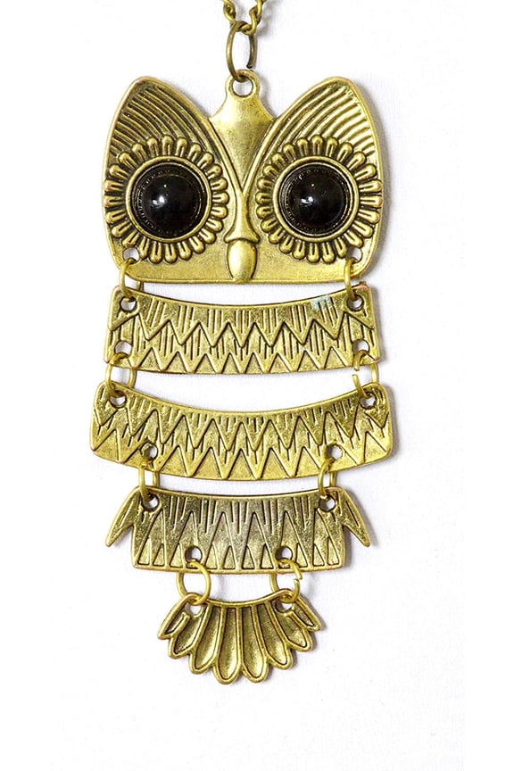 Vintage Retro Owl Pendant Long Chain Necklace, Gold-tone, Women, Large