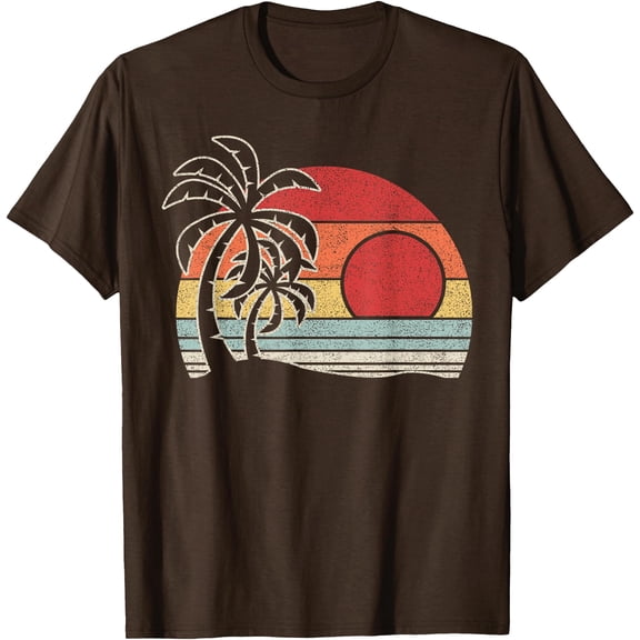 Vintage Retro Palm Tree Sunset Tropical Beach Unisex T-Shirt for Men Women Kids Toddler,Dark Chocolate Color,Size XL
