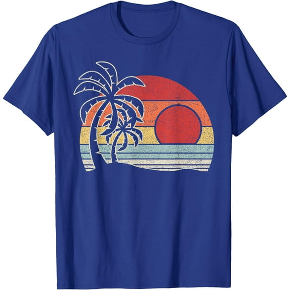 Vintage Retro Palm Tree Sunset Tropical Beach Unisex T-Shirt for Men Women Kids Toddler,Royal Blue Color,Size 2T