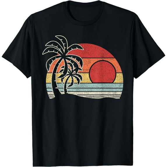 Vintage Retro Palm Tree Sunset Tropical Beach Unisex T-Shirt for Men Women Kids Toddler,White Color,Size YS