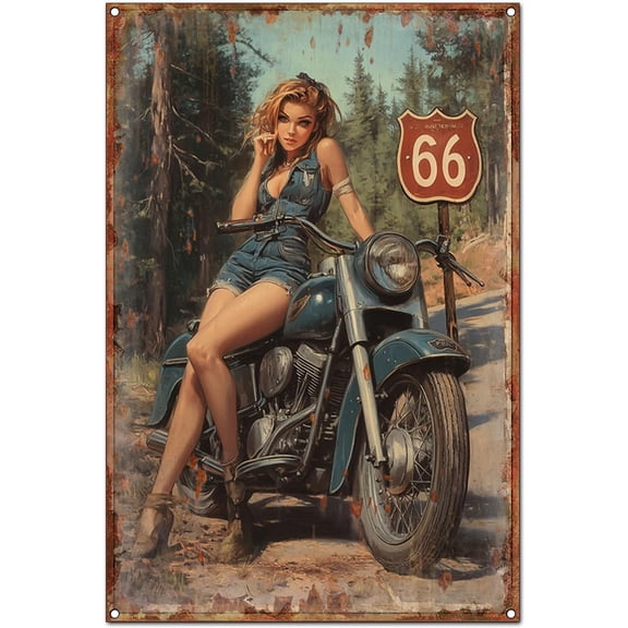 Vintage Retro Pin-Up Girl Metal Tin Sign Wall Art, Route 66 Motorcycle Print Poster for Garage or Room Decor