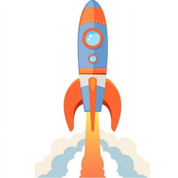 Vintage Retro Red Blue Rocket Ship Blasting Off Cartoon Cardboard Cutout Standee Standup