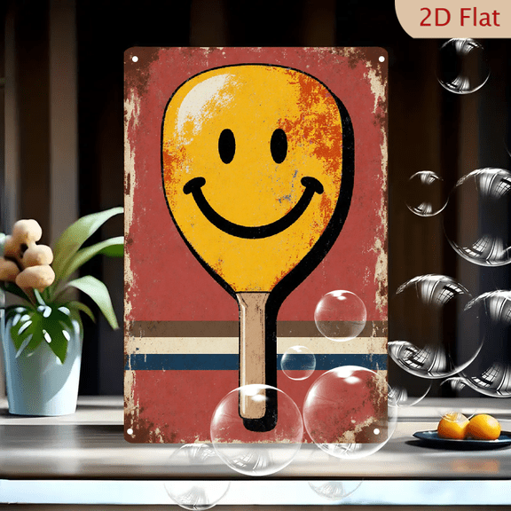 Vintage Retro Smiley Face Paddleball 8x12 Inch Metal Wall Art, Distressed Red Background with Blue and White Stripes, Nostalgic Cheerful Decor for Home Office