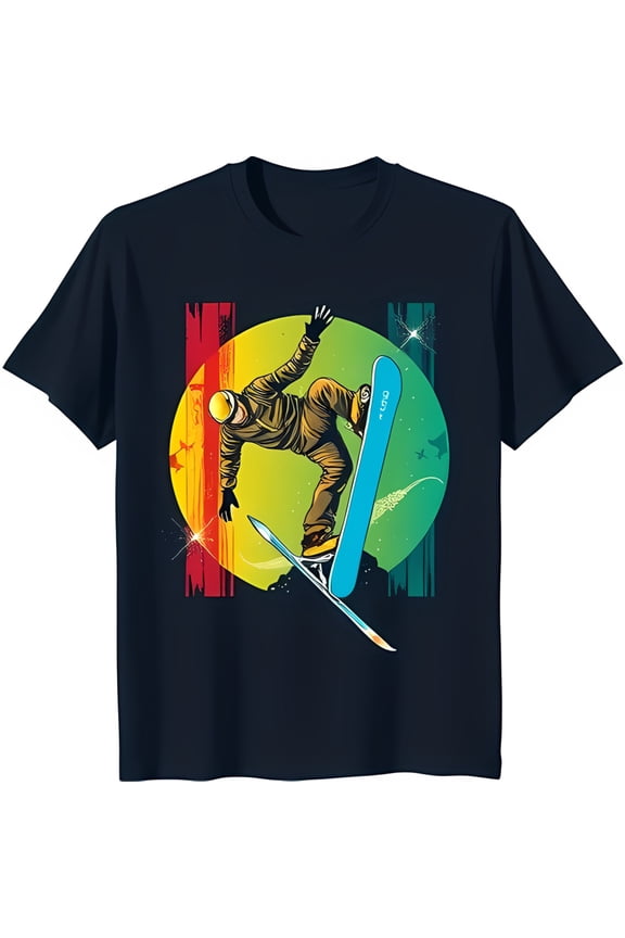 Vintage Retro Snowboarder T-Shirt Dark Blue Graphic Tee with Colorful Design