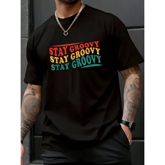 Vintage Retro Stay Groovy 60s & 70s Rainbow Disco Vibes T-Shirt - 100% Cotton Graphic Tees Men, Summer Tops , Matching Outfits For Couples