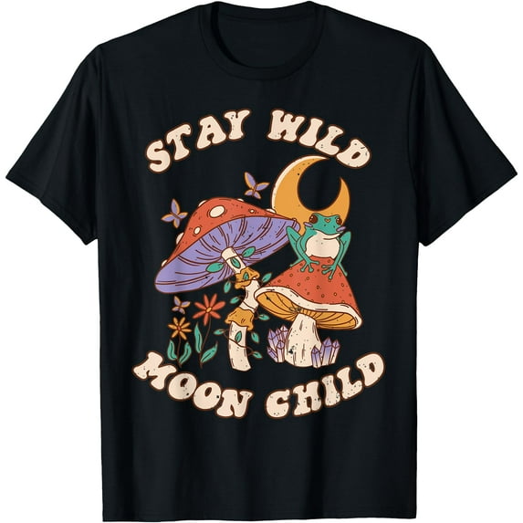 Vintage Retro Stay Wild Moon Child Frog Mushroom Unisex T-Shirt for Men Women Kids Toddler,Black Color,Size YL