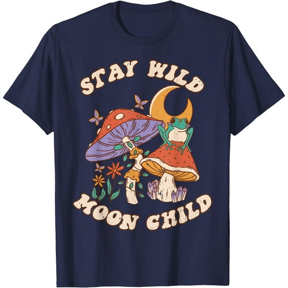 Vintage Retro Stay Wild Moon Child Frog Mushroom Unisex T-Shirt for Men Women Kids Toddler,Navy Color,Size L