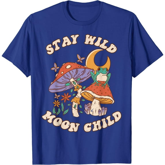 Vintage Retro Stay Wild Moon Child Frog Mushroom Unisex T-Shirt for Men Women Kids Toddler,Royal Blue Color,Size YS