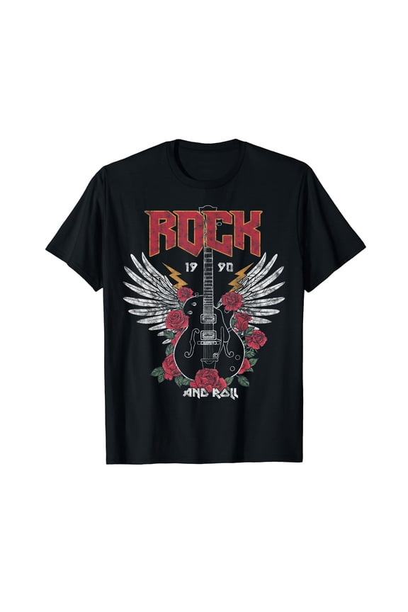 Vintage Retro Style 70s 80s Guitar with Wings Rock and Roll T-Shirt