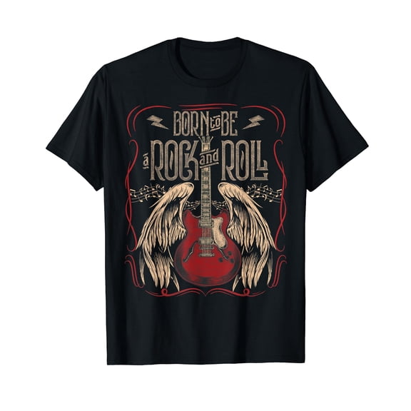 Vintage Retro Style 80s Guitar with Wings Rock and Roll T-Shirt