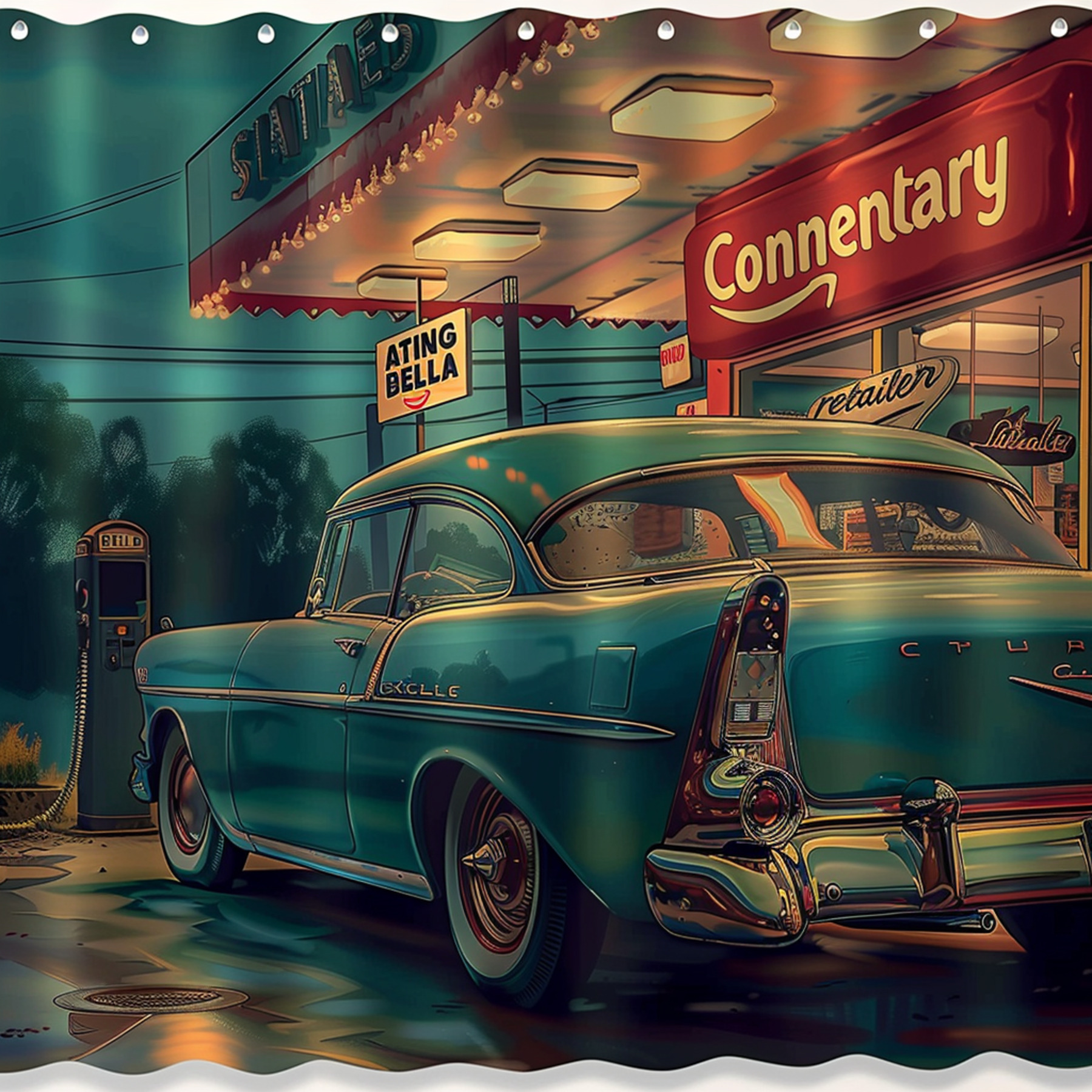 Vintage Retro Style Teal and Red Car Gas Station Shower Curtain