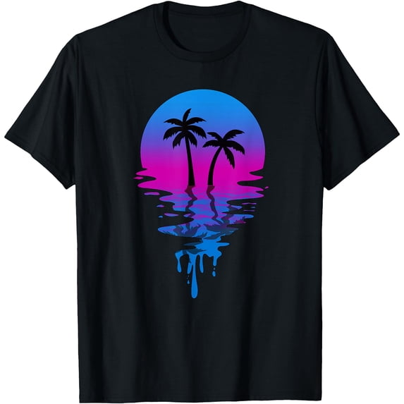 Vintage Retro Sunset Palm Tree Unisex T-Shirt for Men Women Kids Toddler,Black Color,Size 2XL