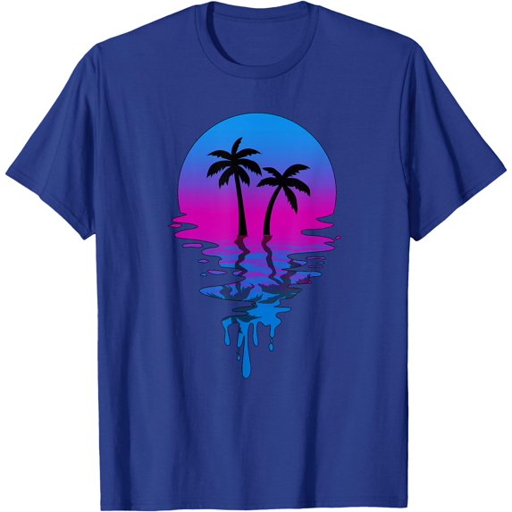 Vintage Retro Sunset Palm Tree Unisex T-Shirt for Men Women Kids Toddler,Royal Blue Color,Size 5XL