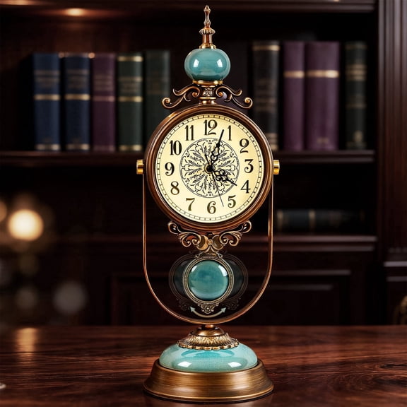 Vintage Retro Table Clock, Blue Glazed Ceramic, Metal Frame Desk Clock with Clear Arabic Numerals, Decorative Mantel Clock for Living Room, Bedroom, Office, Farmhouse Home Decor 19.3