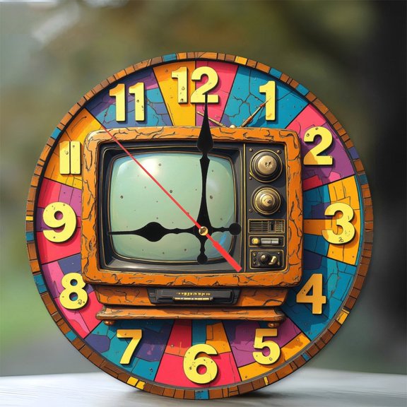 Vintage Retro Television Clock Wall Decor 10-Inch Silent Wooden Wall Clock, Battery Operated (AA Batteries Not Included), Artistic Home Decor
